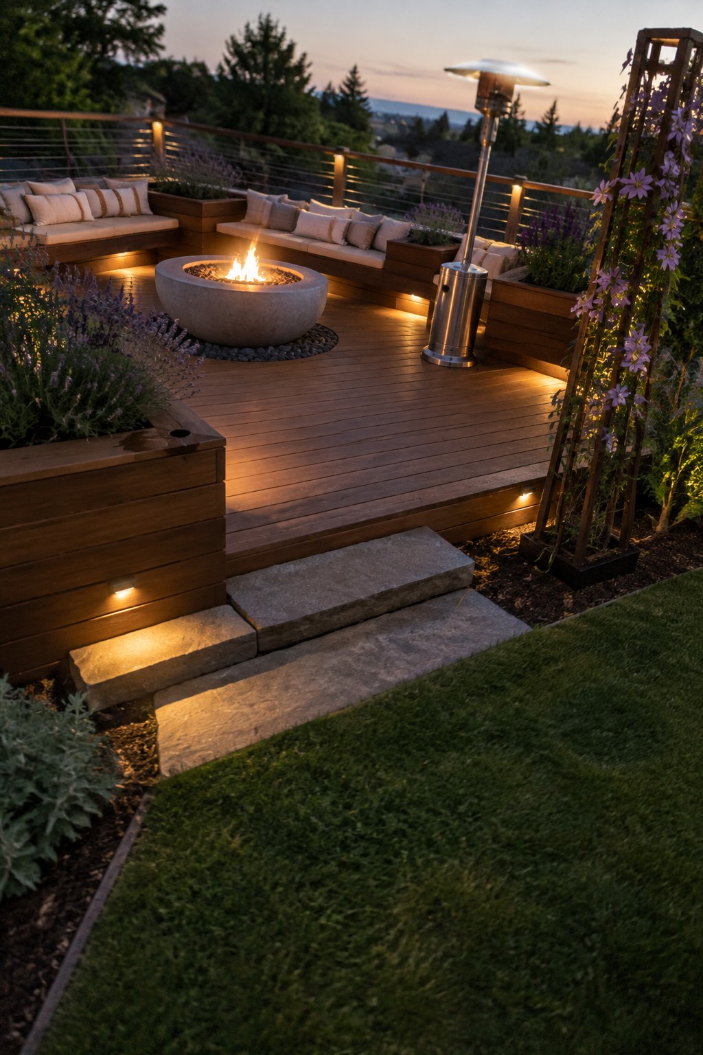 A wooden deck at dusk features a round concrete fire pit with built-in cushioned seating, a tall patio heater, and stone steps leading down to a lawn.