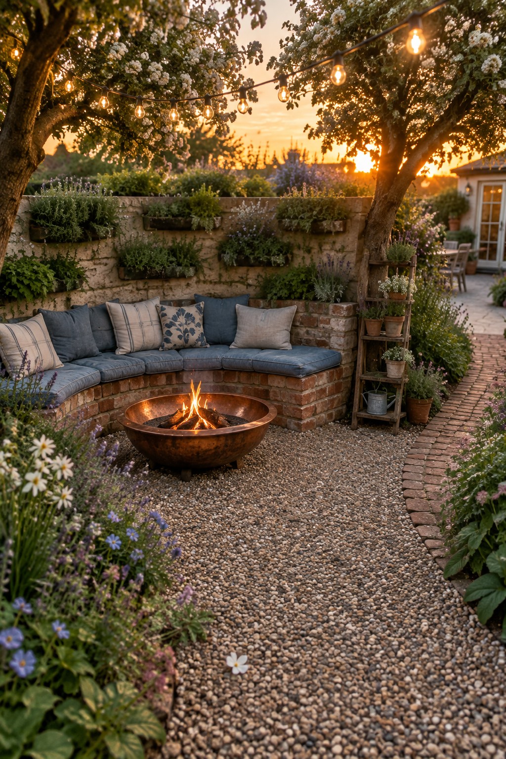 Cozy brick fire pit with blue cushions, string lights, and flowering trees at sunset.