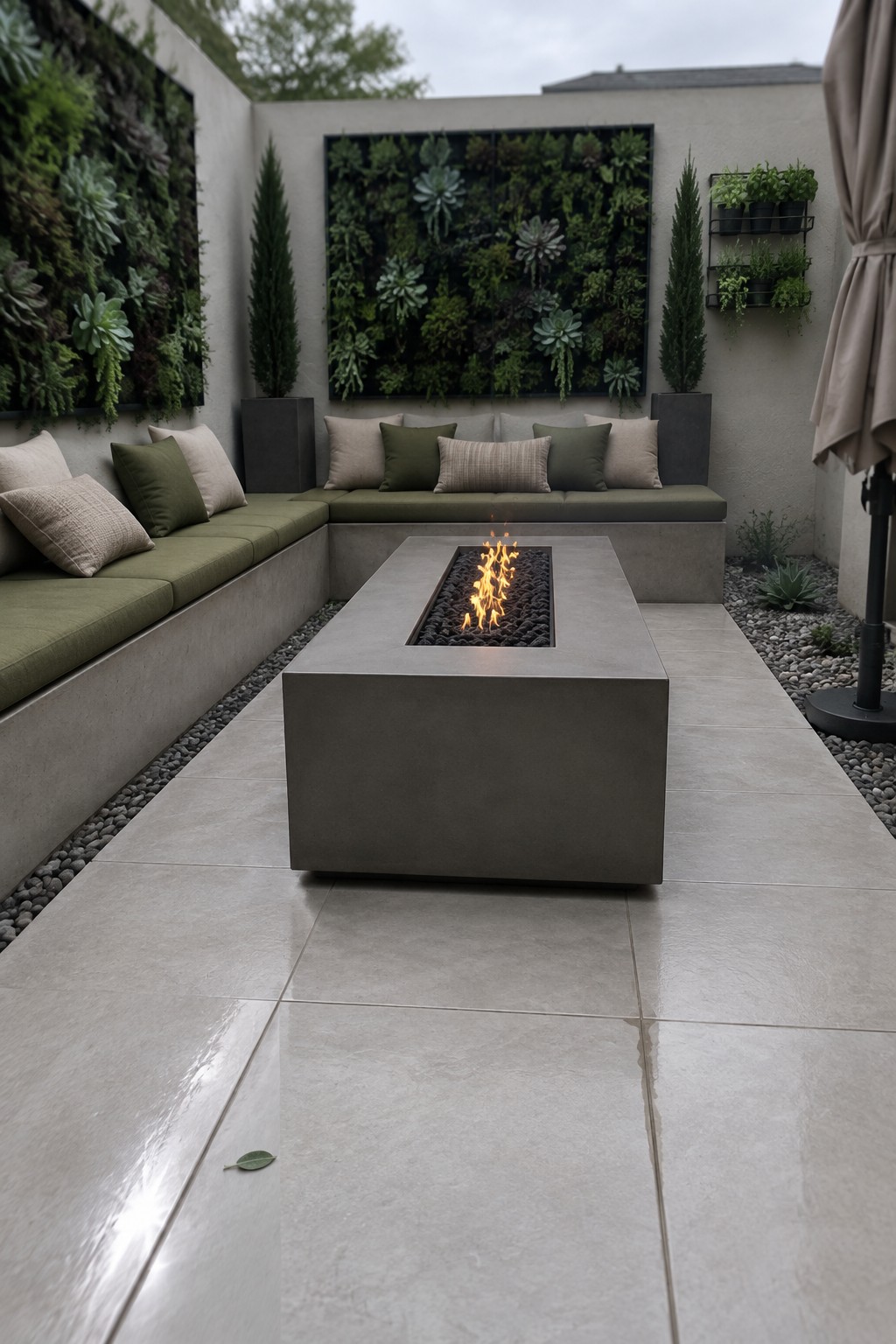 A rectangular concrete fire pit with active flames sits centered on a tiled patio, surrounded by L-shaped built-in seating with green cushions and pillows, set against walls with vertical succulent gardens.