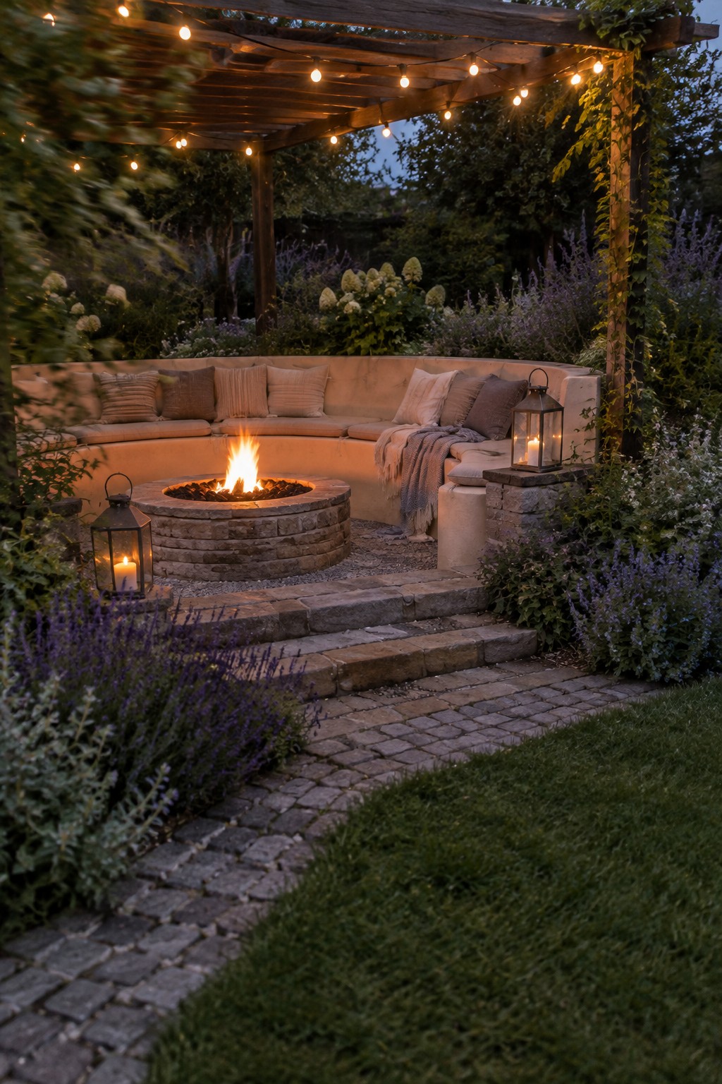 A dusk view of a curved built-in stone bench with cushions surrounding a fire pit under a wooden pergola strung with lights, bordered by garden beds and lanterns.