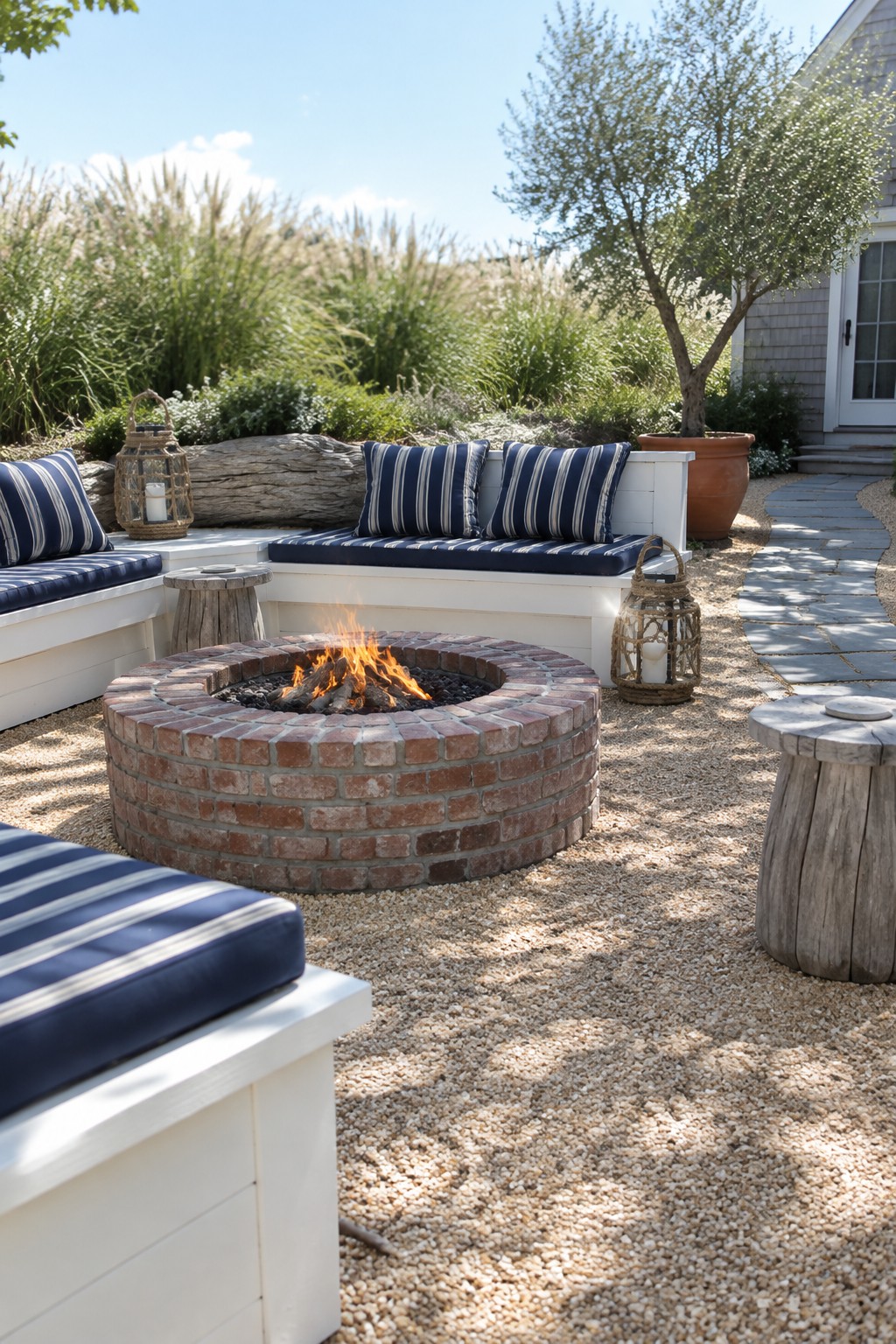 A circular brick fire pit with burning logs sits in a gravel yard, surrounded by white built-in benches with blue striped cushions and rustic wooden side tables.