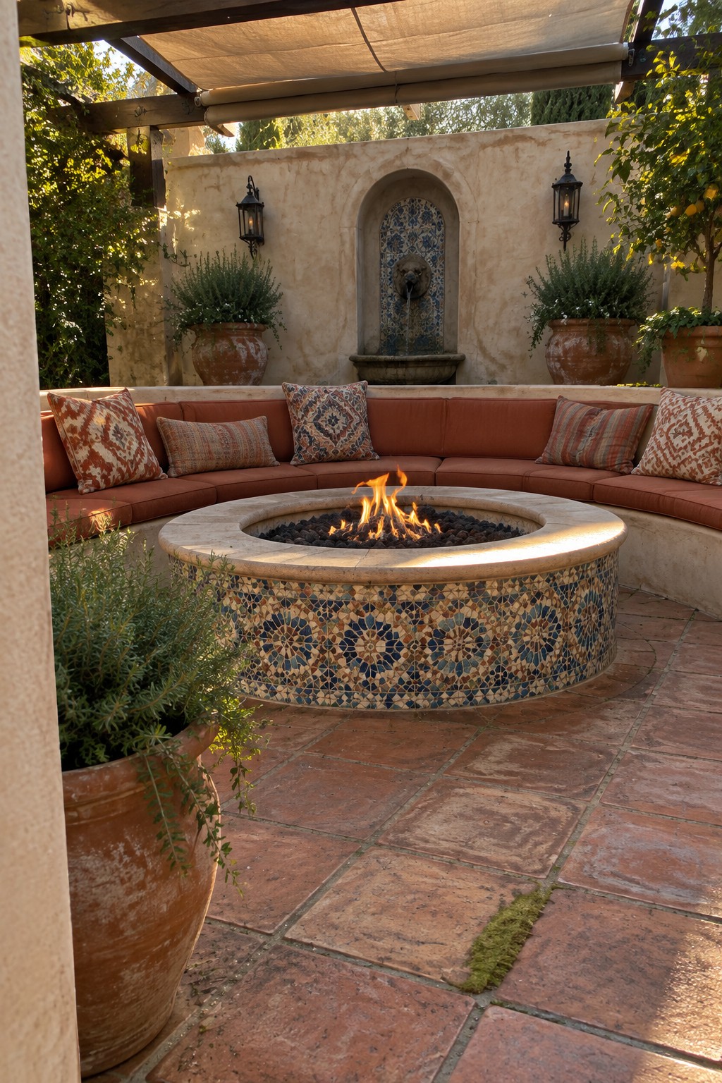 Circular mosaic fire pit with flames, curved cushioned bench, wall fountain, and potted plants.