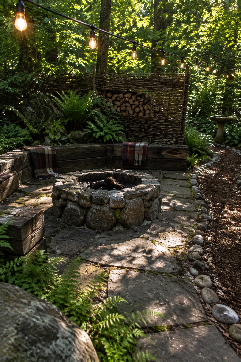 A circular stone fire pit with a curved wooden bench behind it on a stone patio in a wooded area, with string lights overhead and a path of flat stones leading to the space.