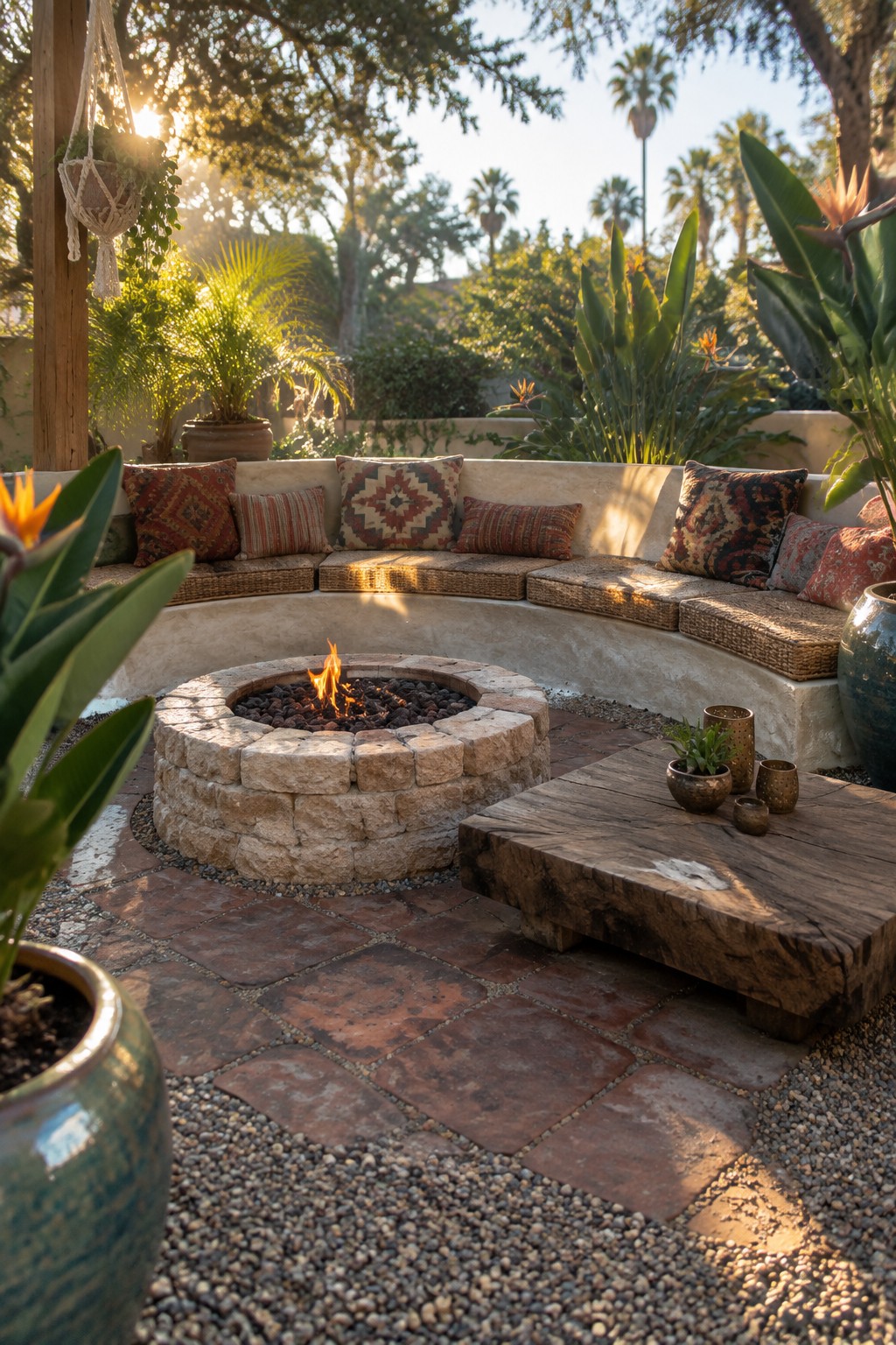A round stone fire pit with curved built-in seating on a brick patio, surrounded by potted plants and gravel.