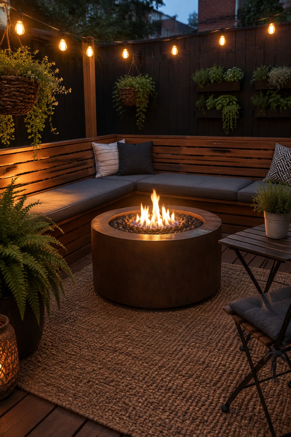 A round metal fire pit with burning logs sits centered on a woven rug, surrounded by a curved wooden bench with gray cushions and string lights above.