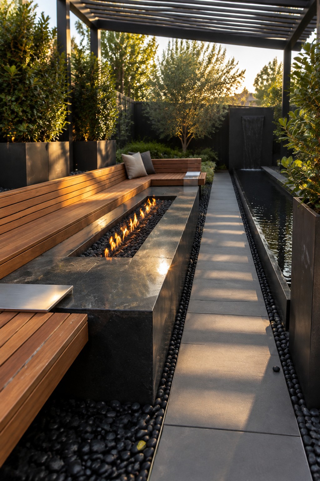 A long linear fire pit set in dark stone is flanked by built-in wooden benches with a narrow water channel running parallel along a paved path.