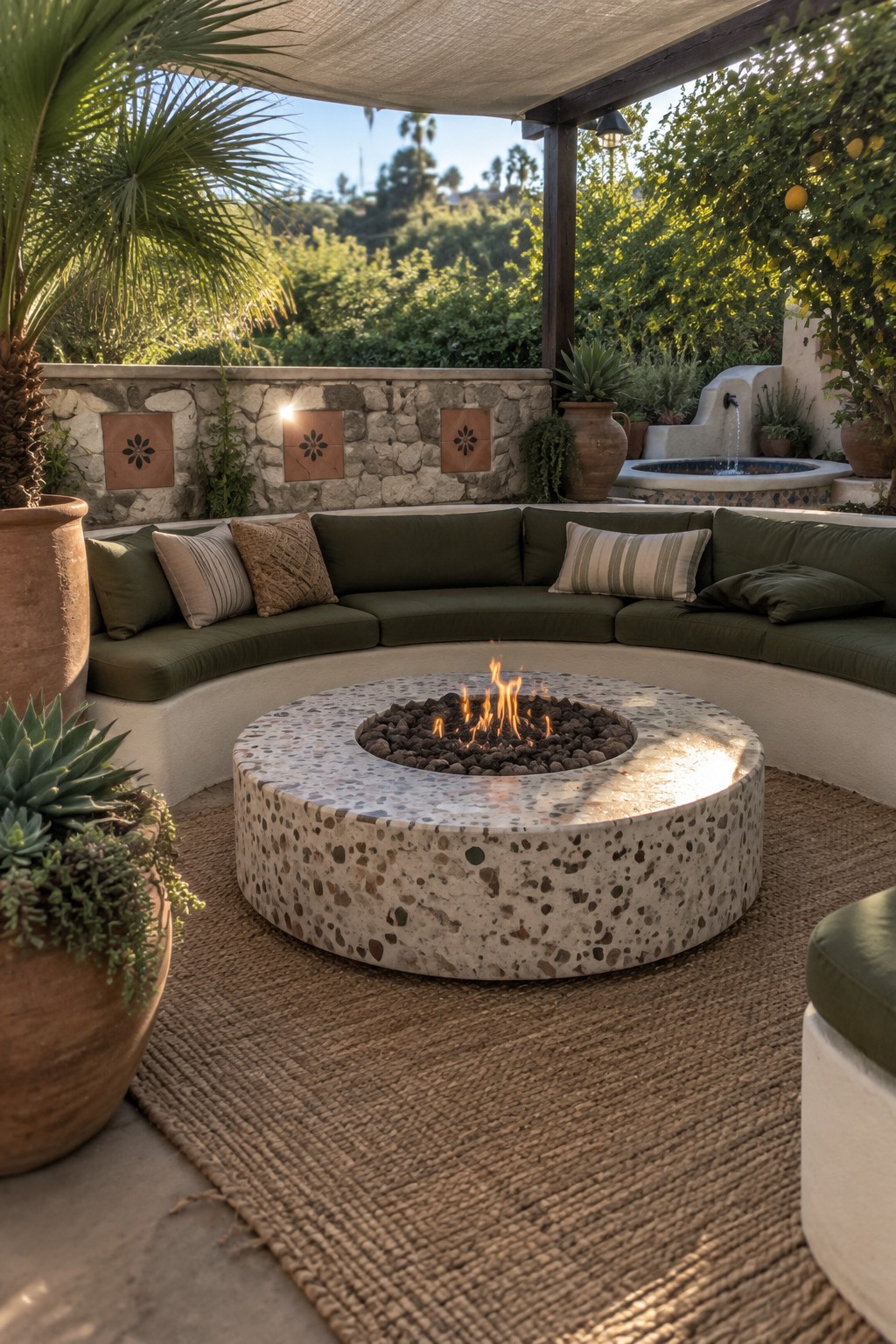 A round concrete fire pit with dark pebbles sits centered on a woven rug, surrounded by curved built-in seating with green cushions under a shaded patio.