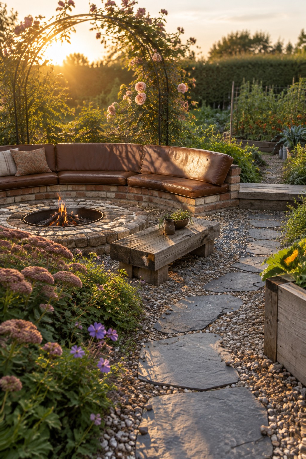 A circular fire pit with a curved brick bench topped with brown cushions, surrounded by stone paths, gravel, and garden plants.
