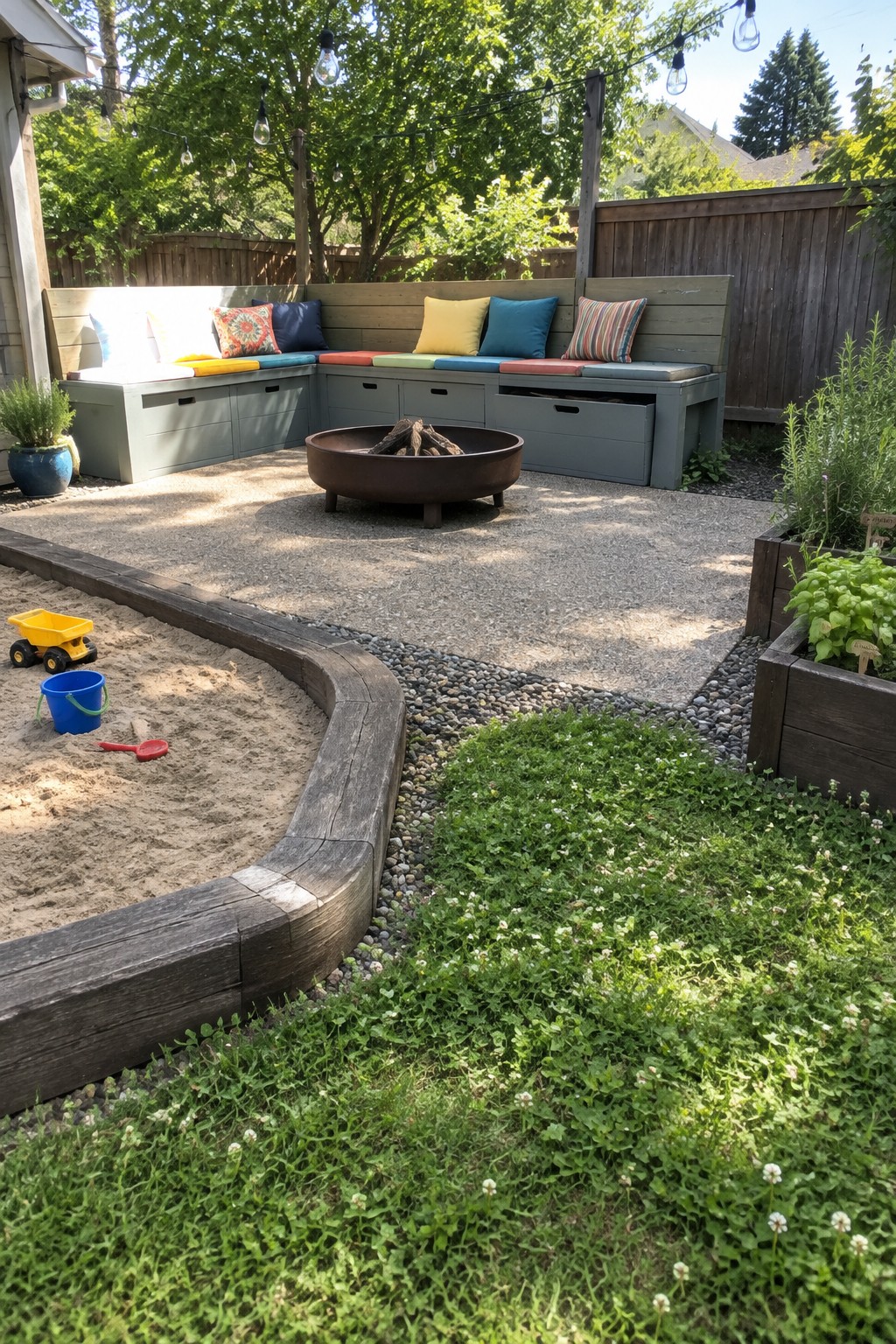A backyard patio features an L-shaped built-in bench with colorful cushions and storage drawers surrounding a round fire pit, with a sandbox and raised garden beds nearby.