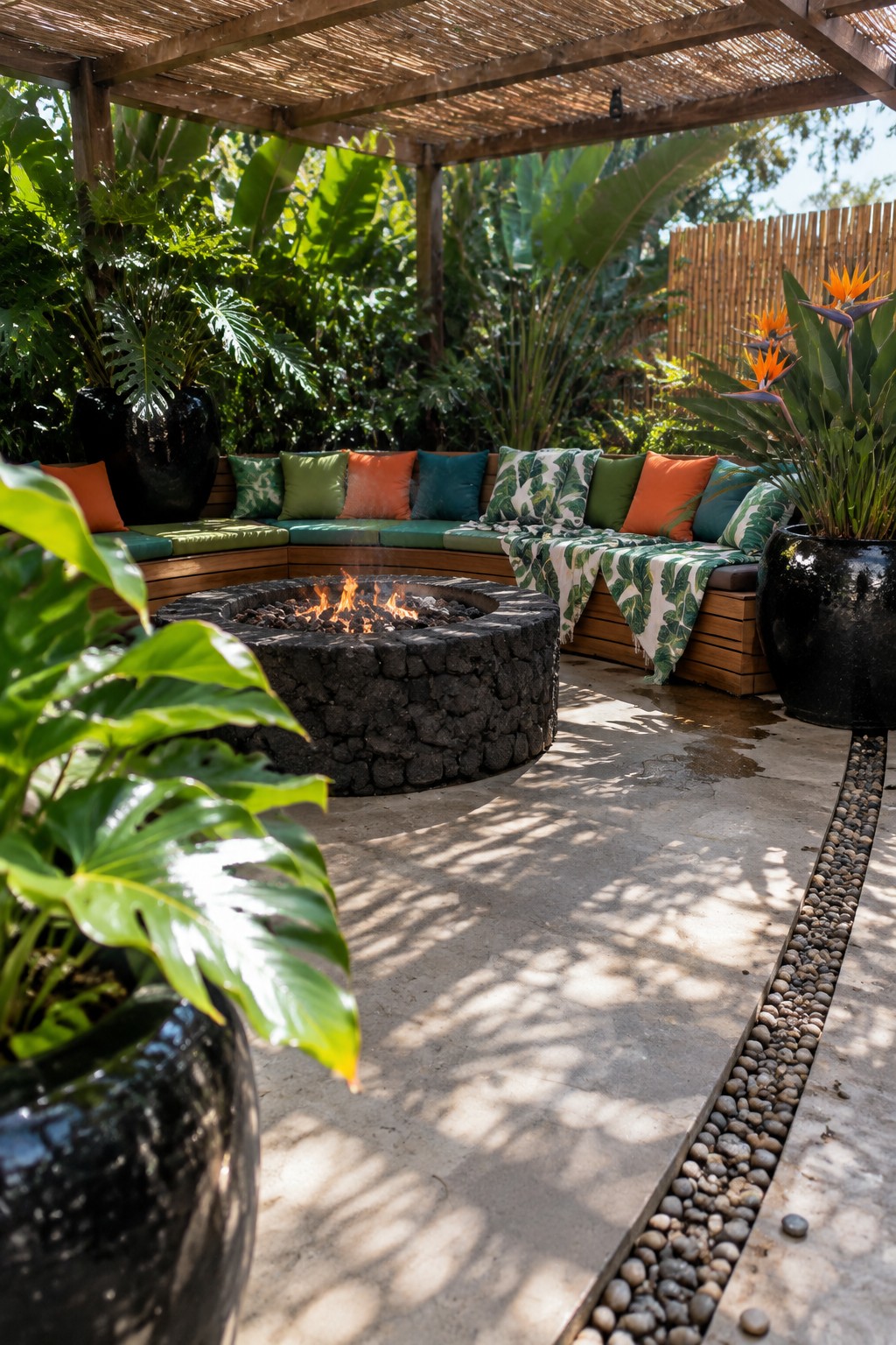 A round stone fire pit with a curved wooden bench and cushions sits under a pergola surrounded by tropical plants and potted flowers.