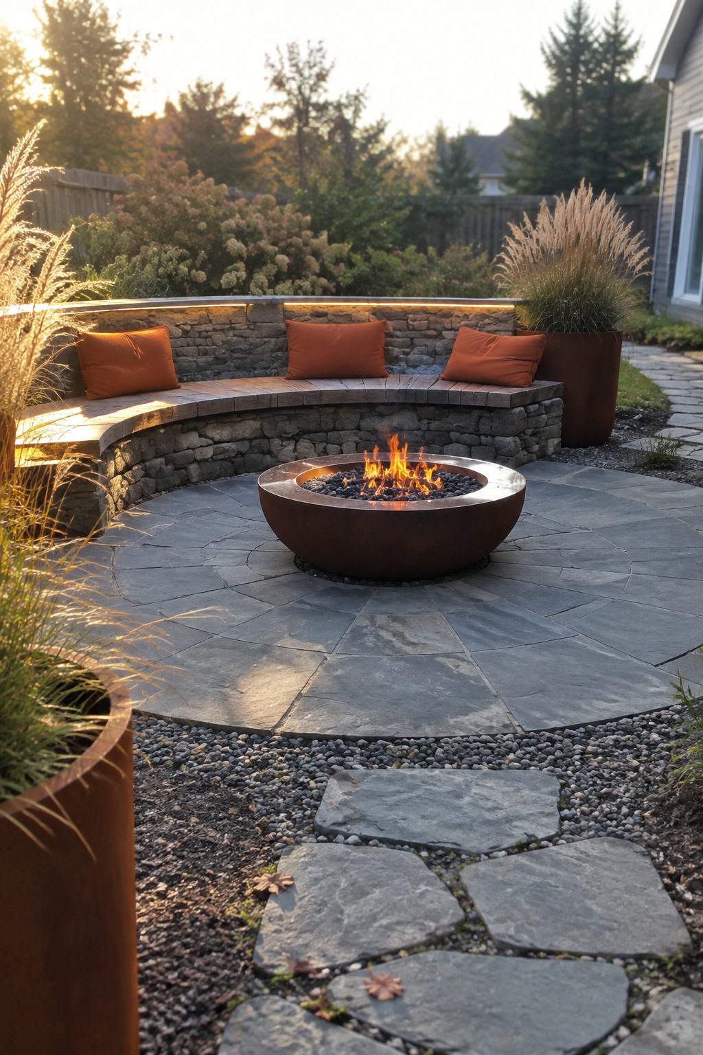 A round metal fire pit sits on a stone patio, surrounded by a curved stone bench with orange cushions and gravel paths leading to it.