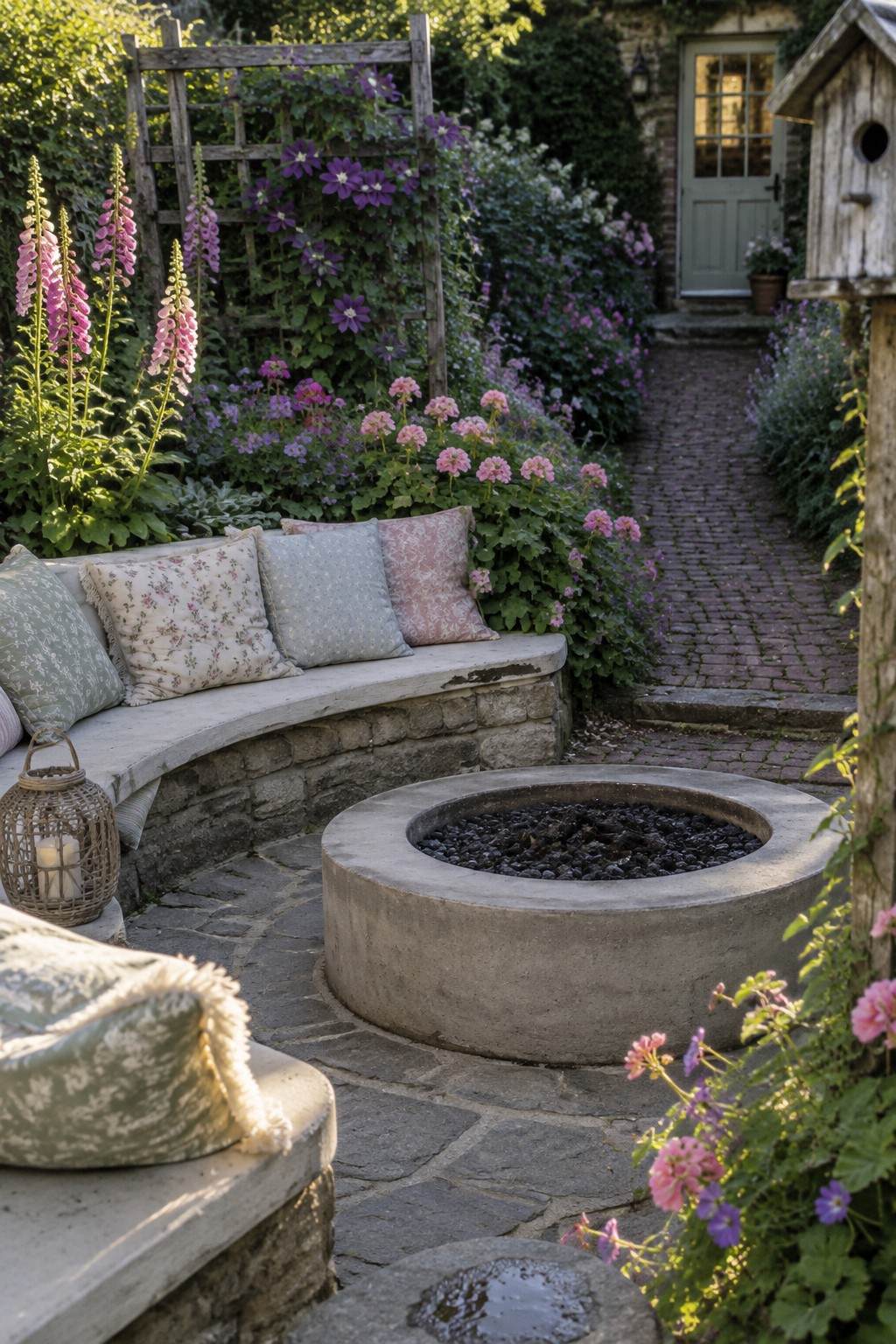 A round concrete fire pit with a curved stone bench and cushions set on a stone patio in a garden with flowers and a brick path.