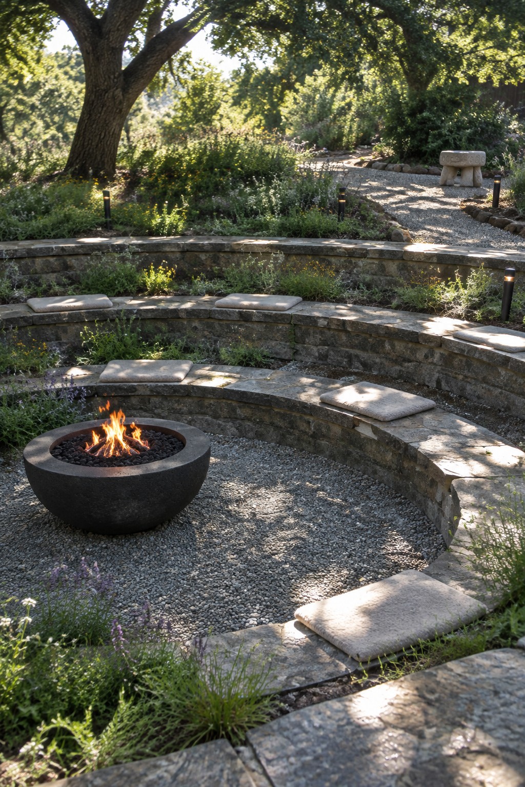 Curved stone benches surround a flaming fire pit in a lush garden.