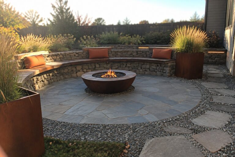 A round metal fire pit sits on a stone patio, surrounded by a curved stone bench with orange cushions and gravel paths leading to it.