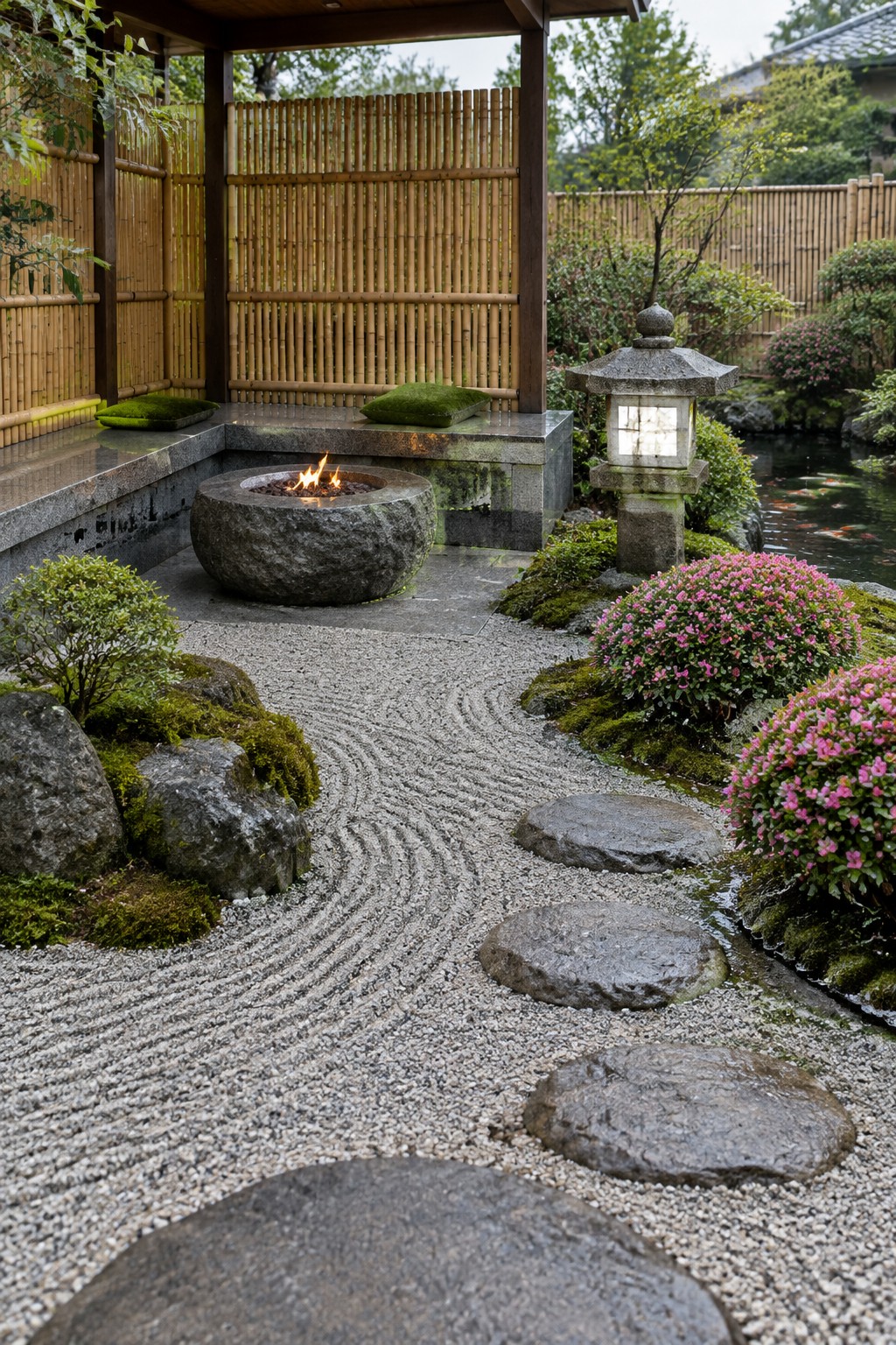 A backyard garden shows a round stone fire pit set in raked gravel with stepping stones leading toward it, mossy rocks, pink azaleas, a stone lantern, and a small pond visible in the background.
