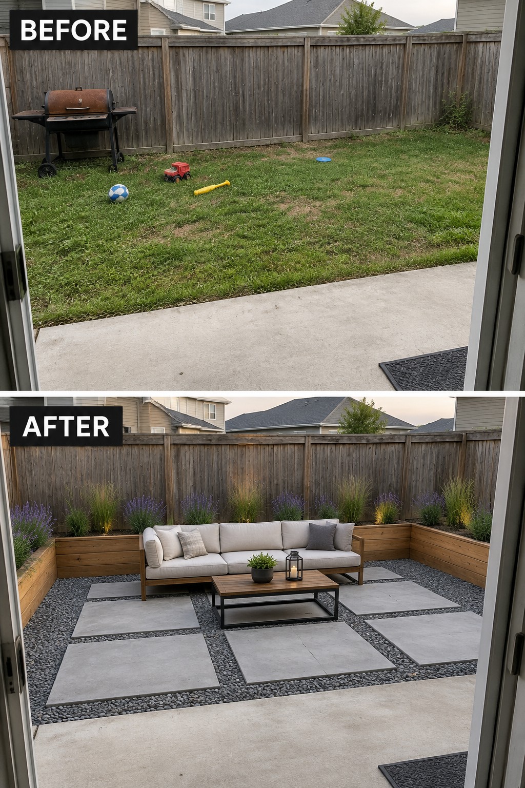 Before and after backyard transformation with patio sofa, planters, and gravel pavers.