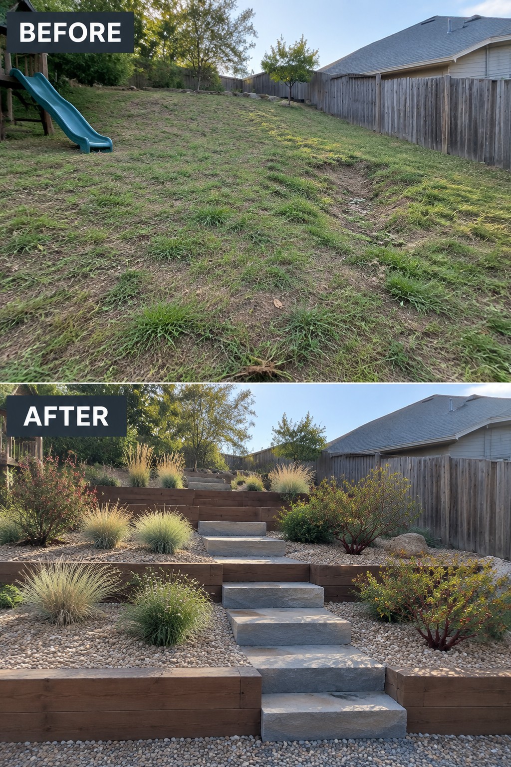 Before-and-after image of a sloped backyard changed from patchy grass into terraced garden beds with wooden retaining walls, stone steps, and gravel.