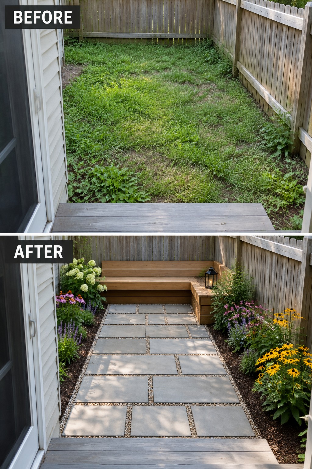 Before and after backyard makeover: overgrown lawn to stone path with wooden bench and flowers