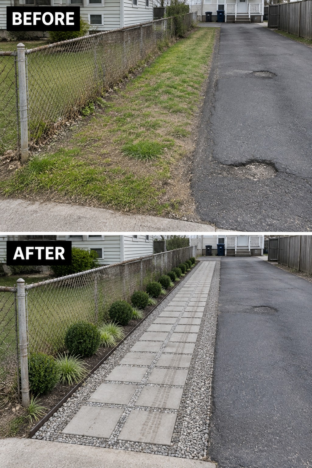 Before and after: weedy fence line transformed into paver path with shrubs and gravel.