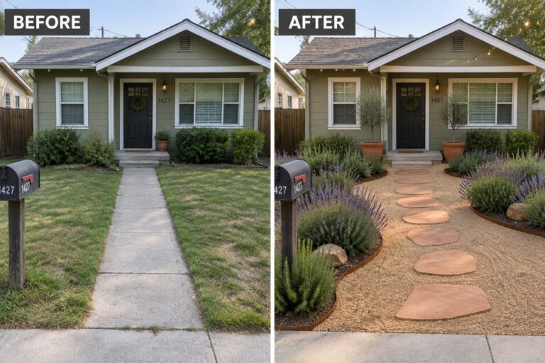 Before-and-after image of a front yard where a grass lawn and straight concrete path were replaced with gravel, stepping stones, and curved planting beds edged in metal.