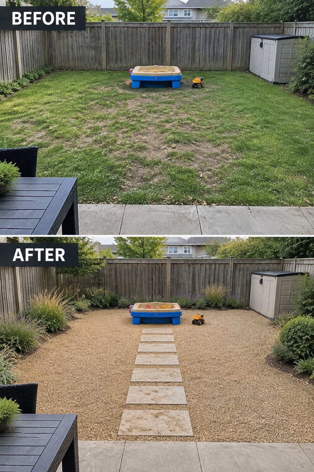 Before-after backyard transformation: grass to gravel with stone path, plants, and sandbox.