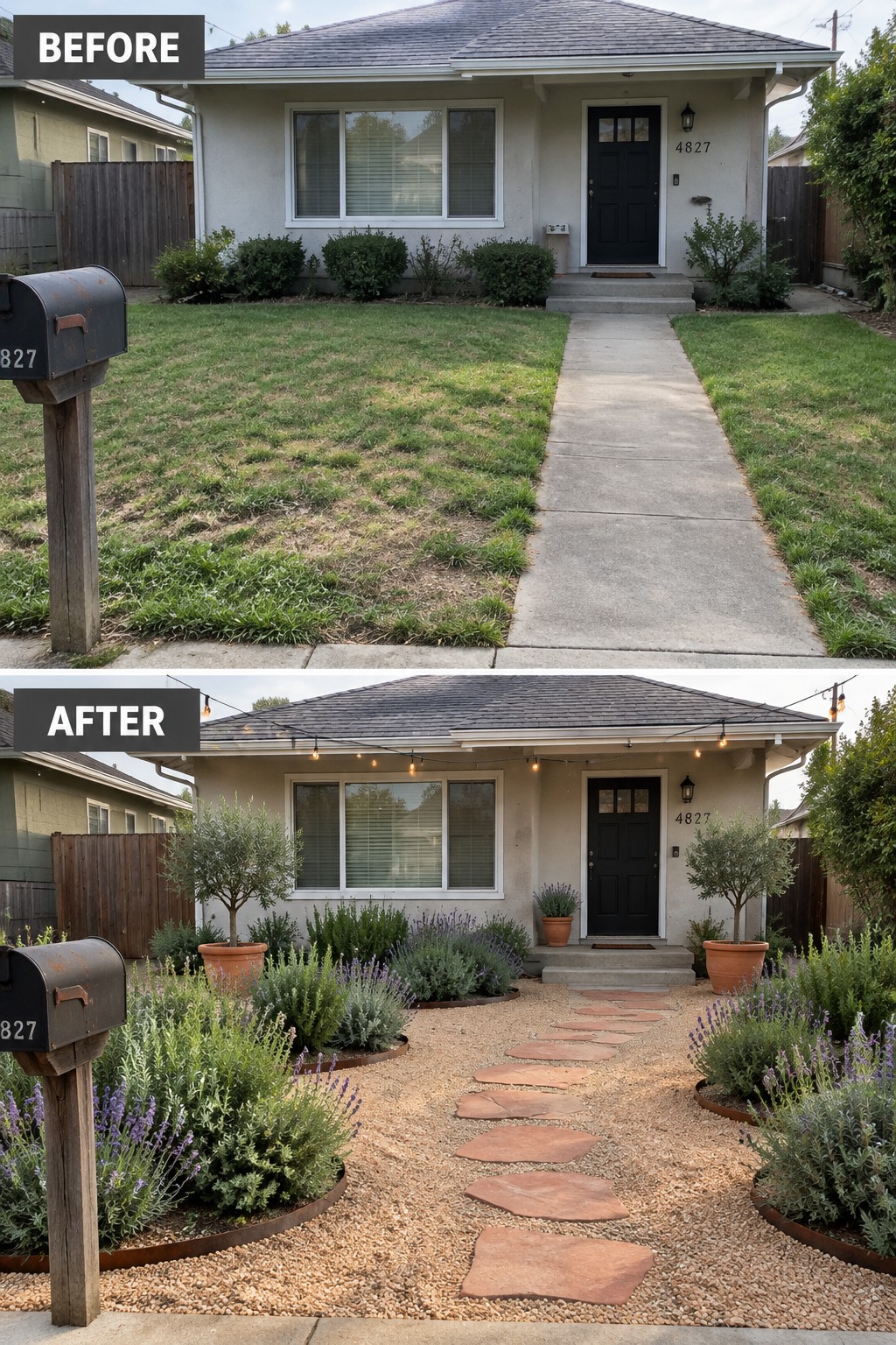 Before-and-after image of a front yard where a grass lawn and straight concrete path were replaced with gravel, stepping stones, and curved planting beds edged in metal.