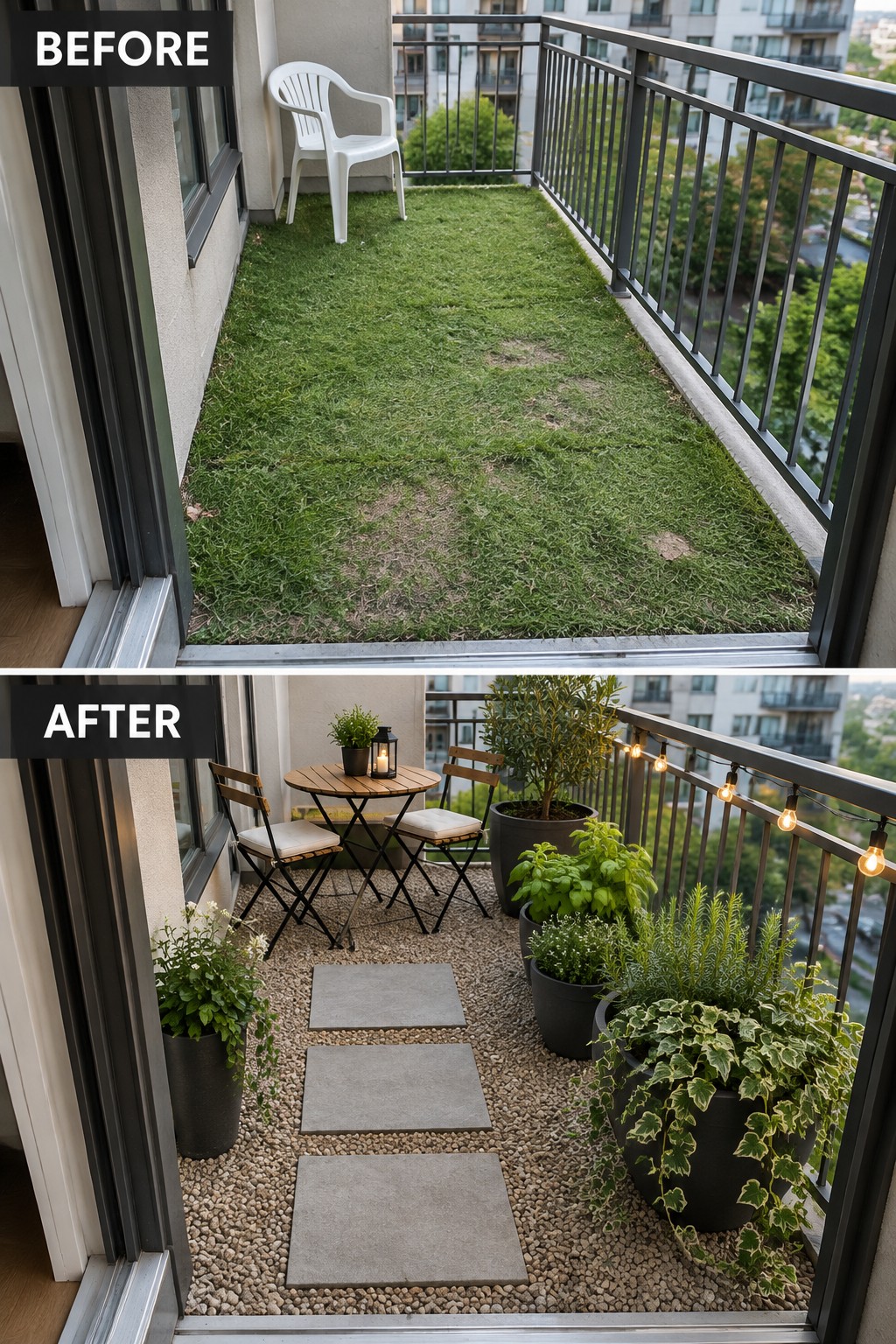 Before-and-after balcony: turf and white chair transformed into gravel patio with plants and lights.