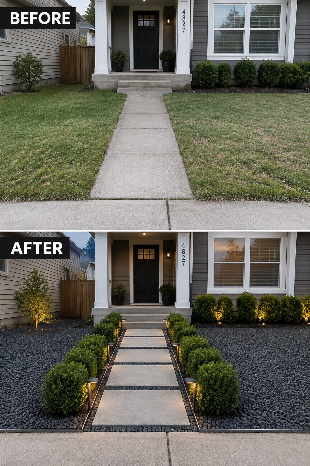 Before and after front yard with new gravel path, pavers, and lights