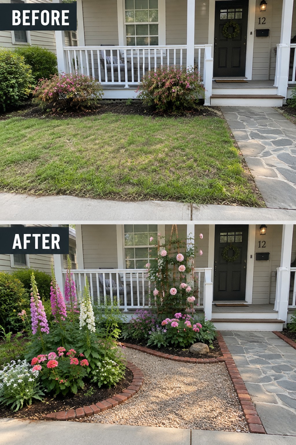 Before and after views of front porch garden transformed from plain lawn to colorful flower beds.