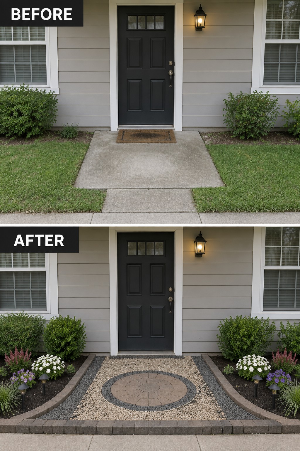 Before and after house entrance with plain concrete path upgraded to stone circle and flower beds.