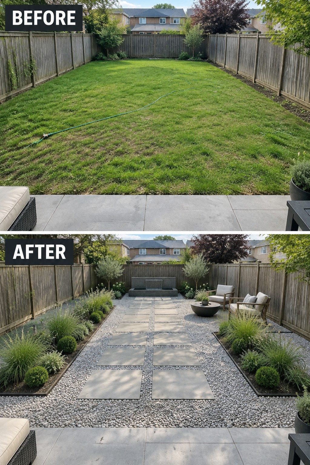 Before grassy lawn and after modern garden with stone path, fountain, and seating.