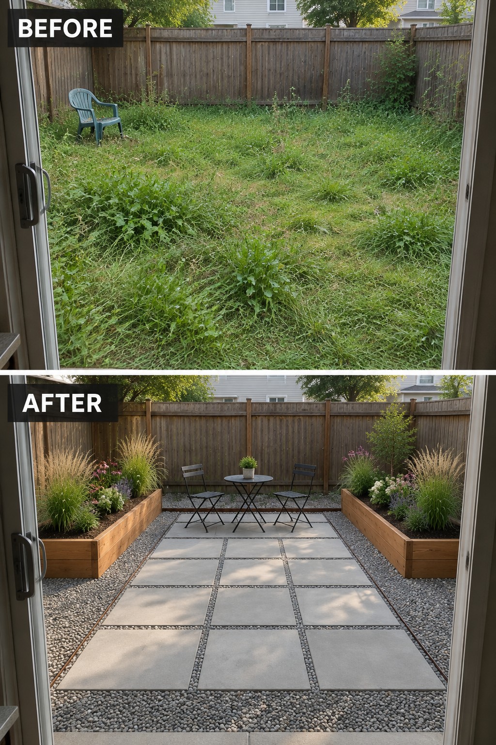 Before and after backyard: overgrown grass transformed into stone patio with planters