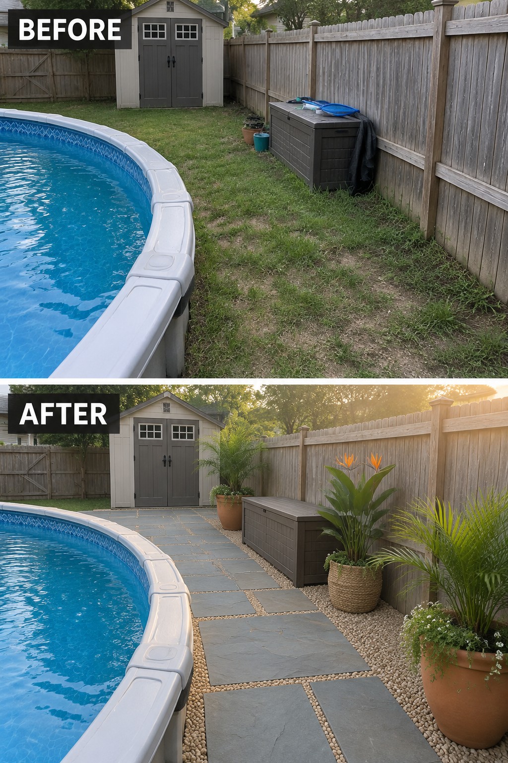 Before and after backyard pool area with new stone path, gravel, and potted plants.