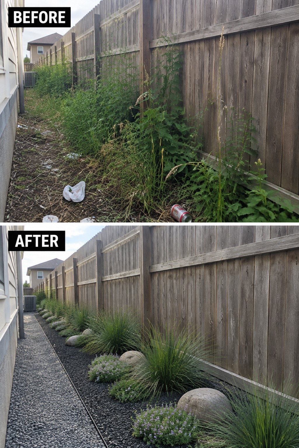Before-and-after photos of weedy fence line cleaned up with rocks, grasses and flowers