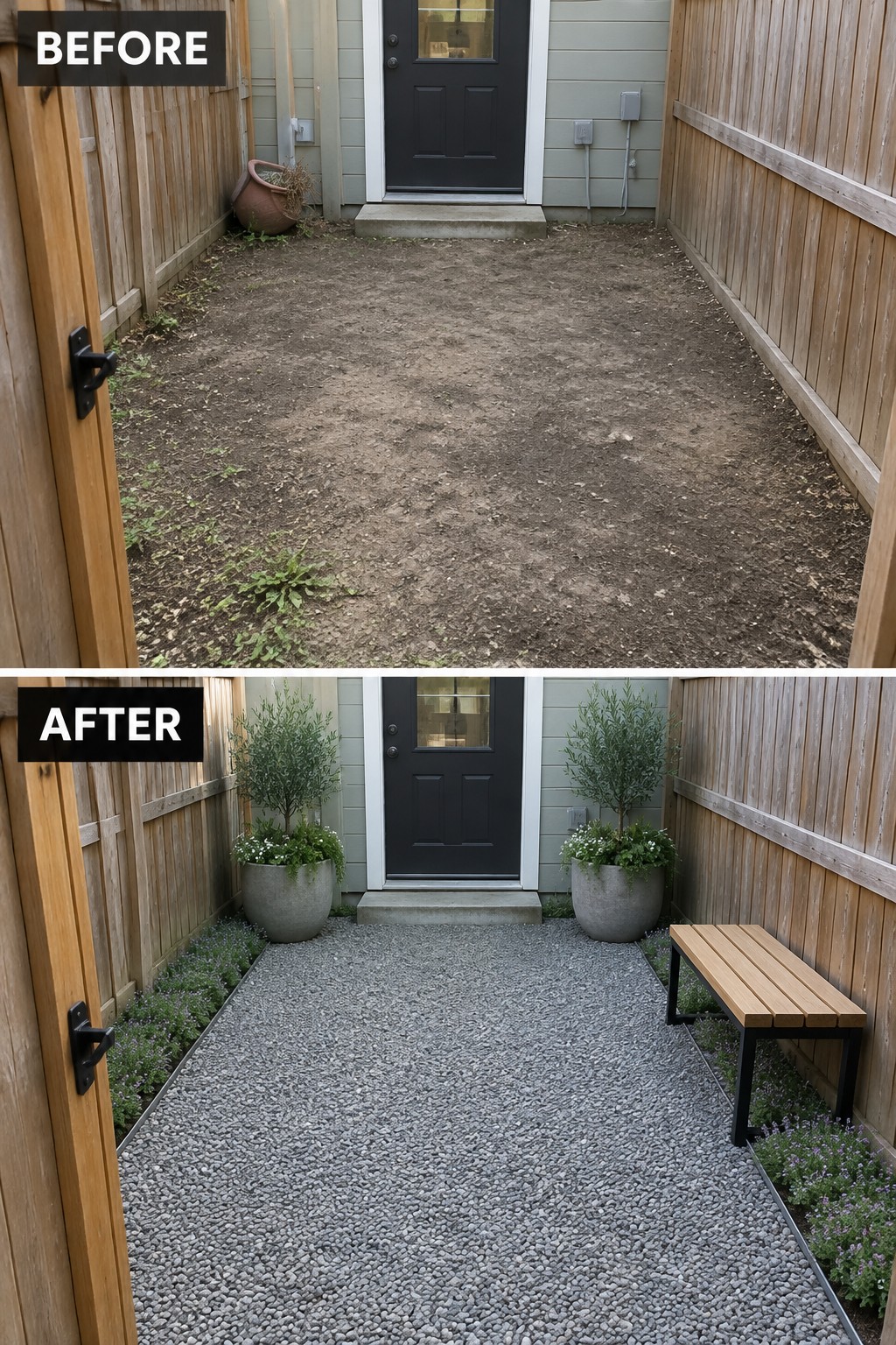Before-and-after image of a bare dirt side yard changed into a clean gravel path with large potted plants and ground cover along the edges.