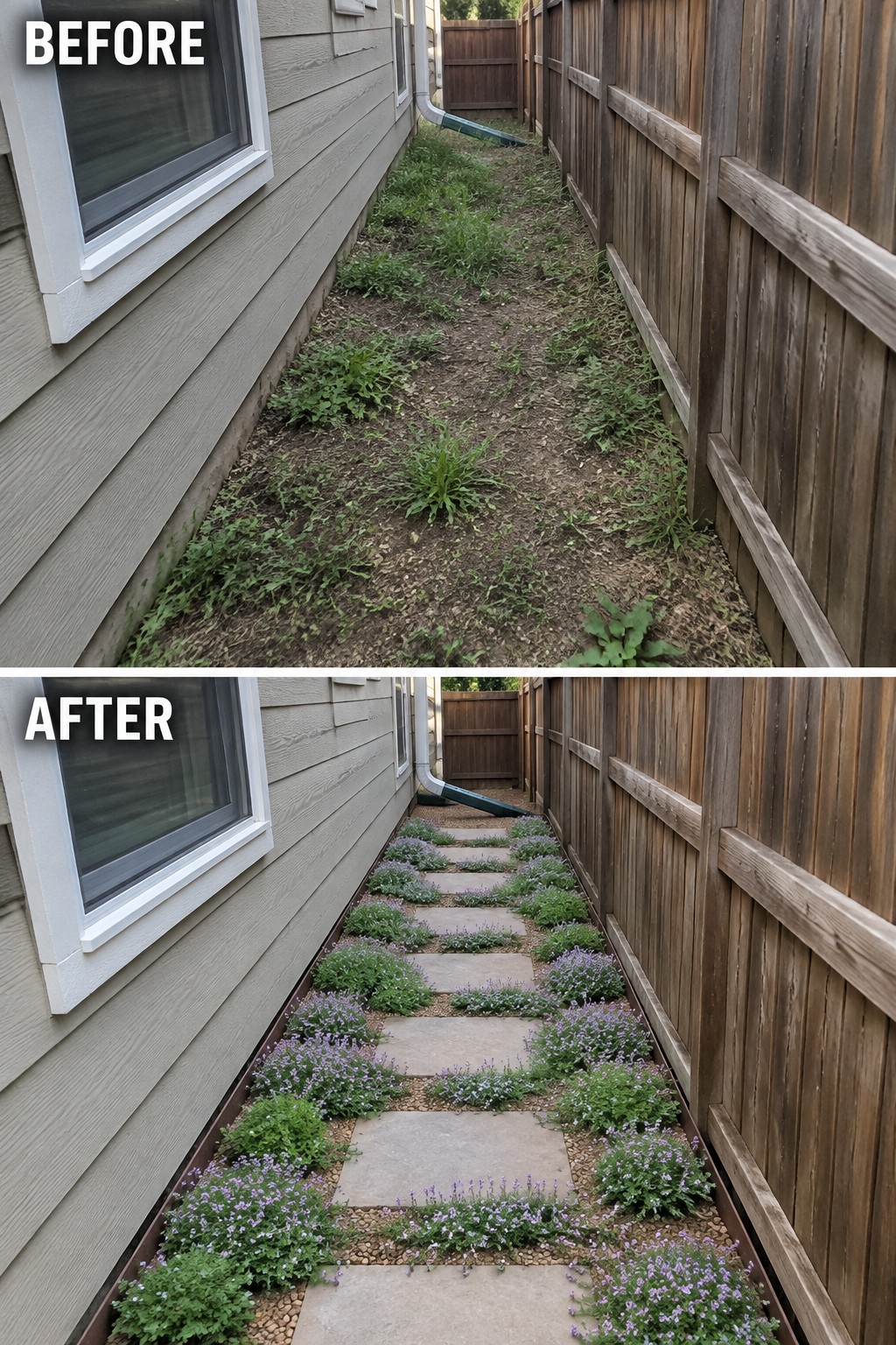 Before and after of overgrown side yard transformed into stone path with purple flowers