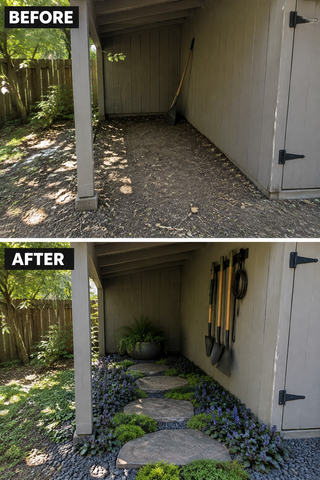 Before-and-after shed makeover with stepping stones, plants, and wall-hung tools.