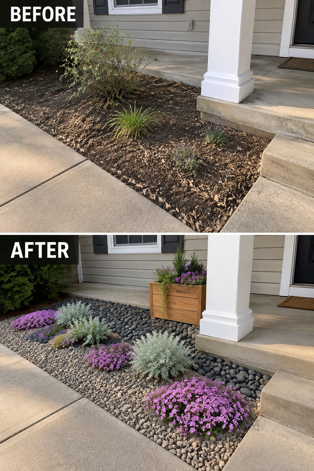 Before-and-after porch garden: mulch bed transformed with purple flowers and river rocks