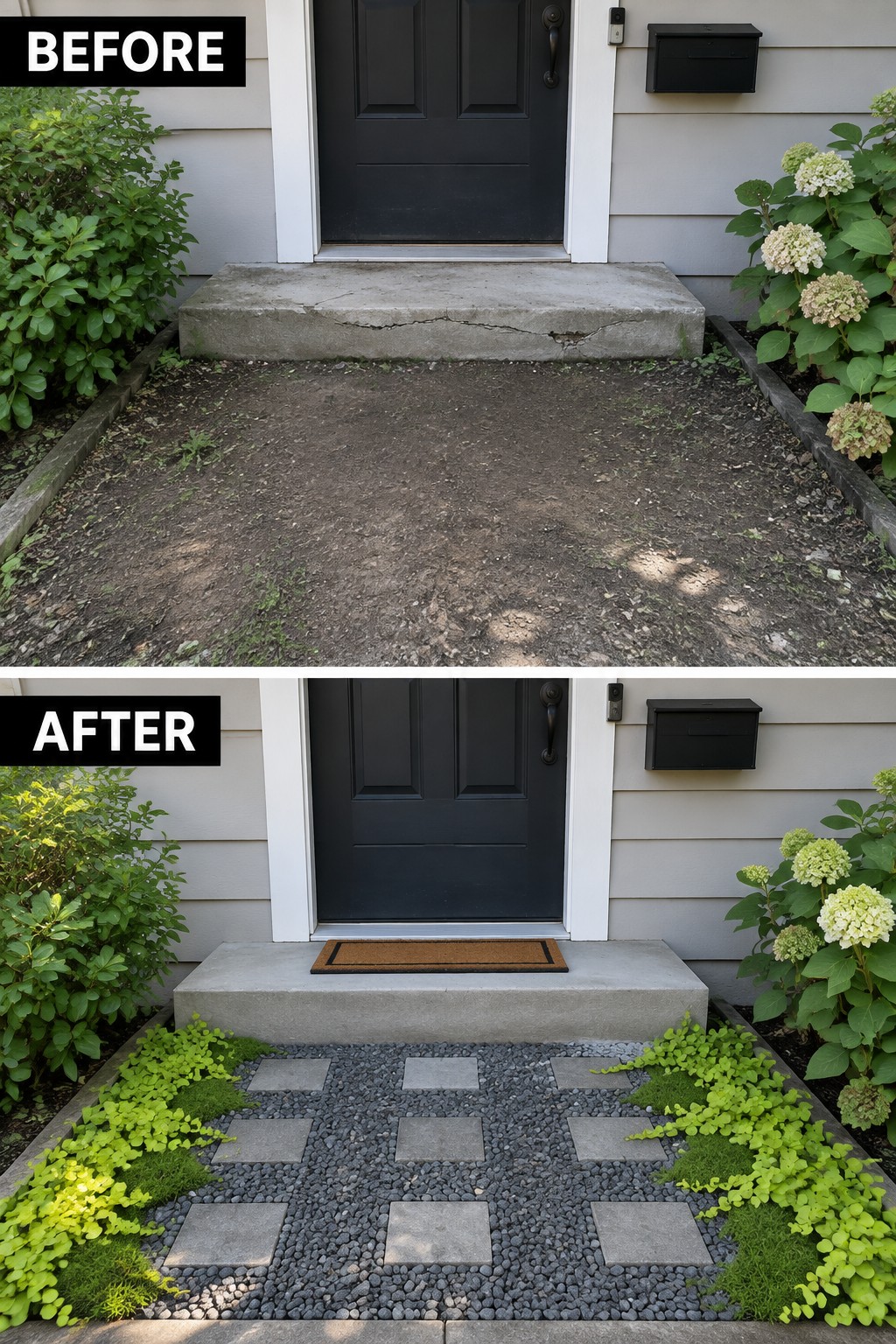 Before-and-after image of a cracked concrete entry with bare dirt changed into a gravel path with square pavers and ground cover plants.