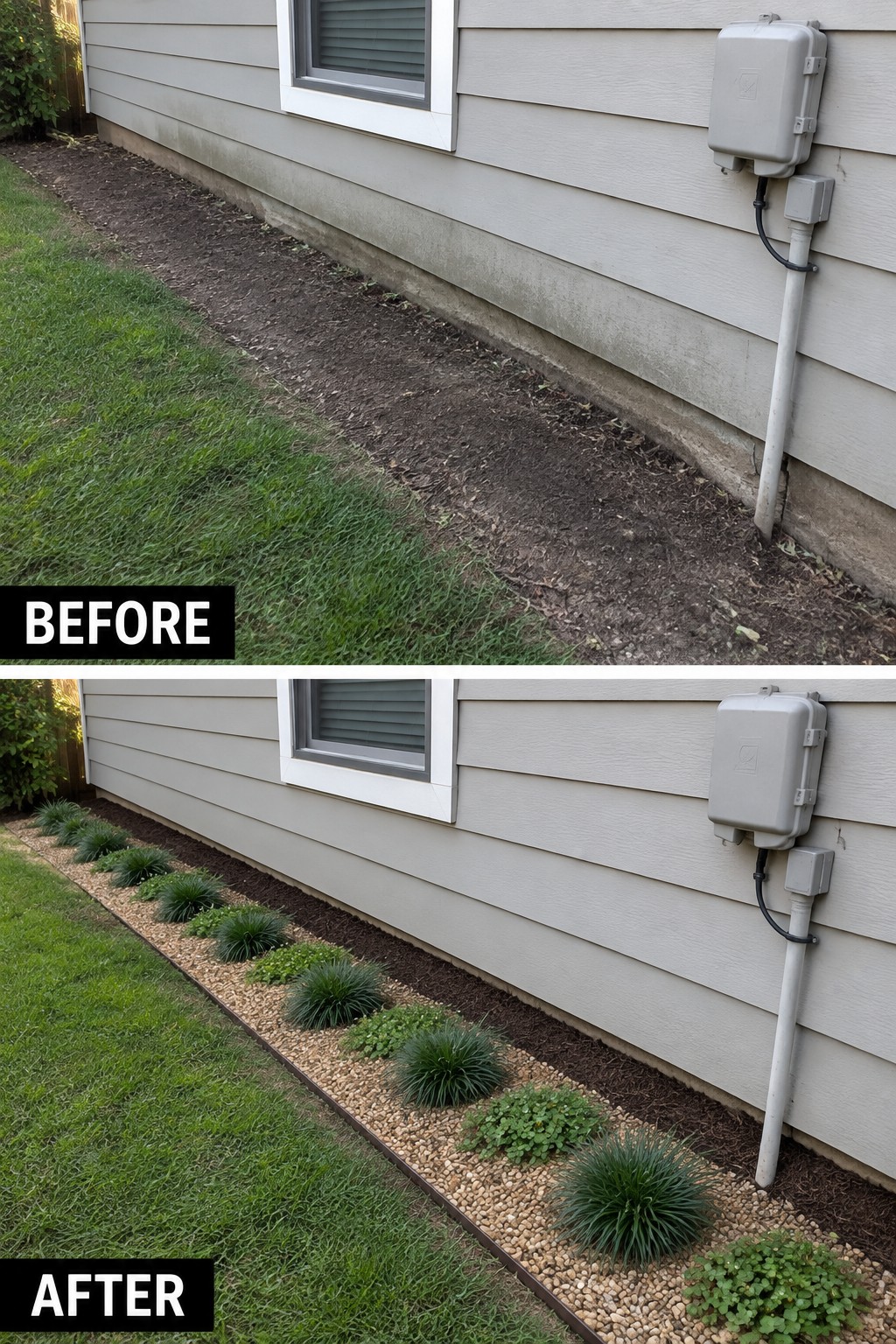 Before and after of house foundation landscaped from dirt to gravel, mulch and plants