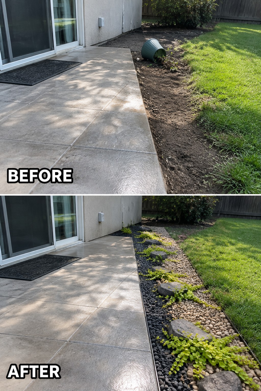 Before and after patio with new rock, pebble and plant landscaping strip.