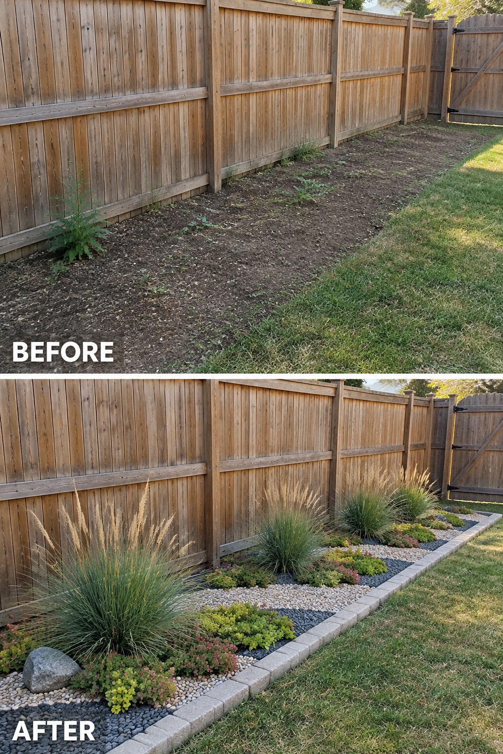 Before and after garden bed landscaping with plants along wooden fence
