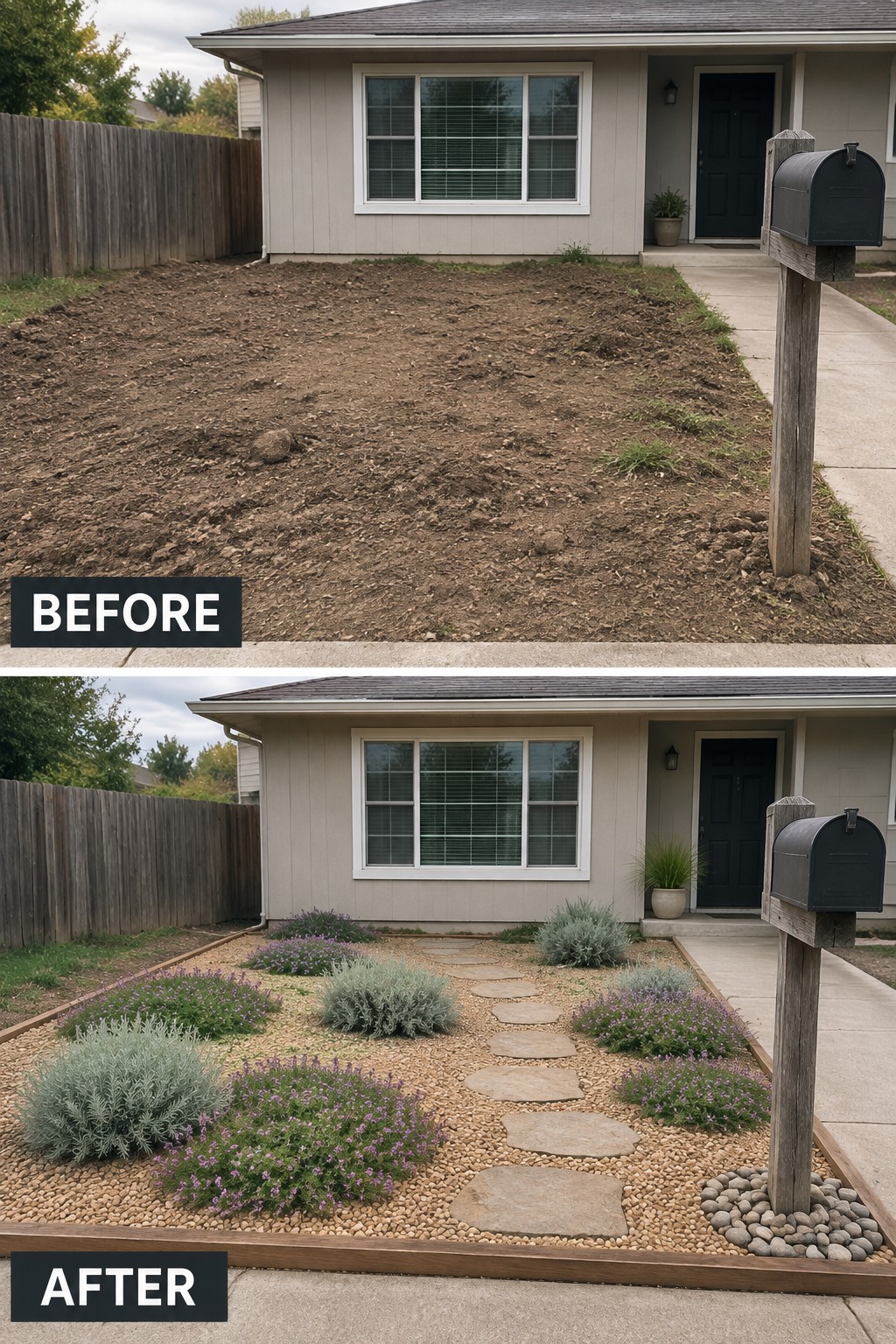 Before and after of bare dirt yard transformed into gravel garden with plants and stone path.
