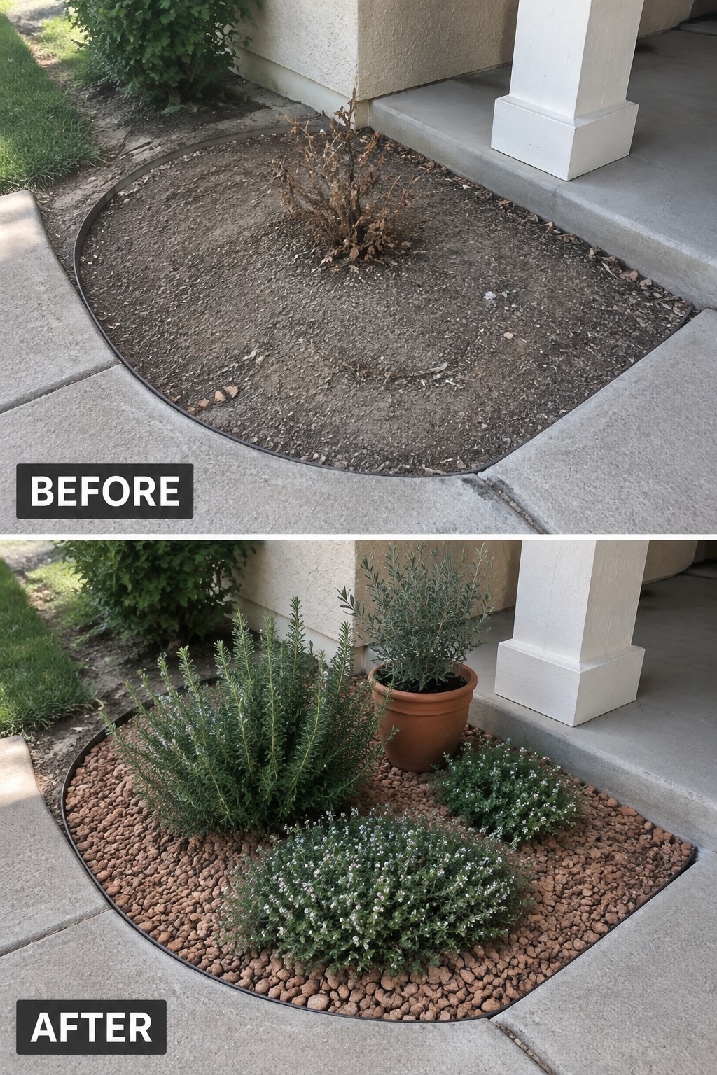Before-and-after image of a bare dirt bed next to a house changed into a gravel-covered planting area with several low shrubs and a potted plant.