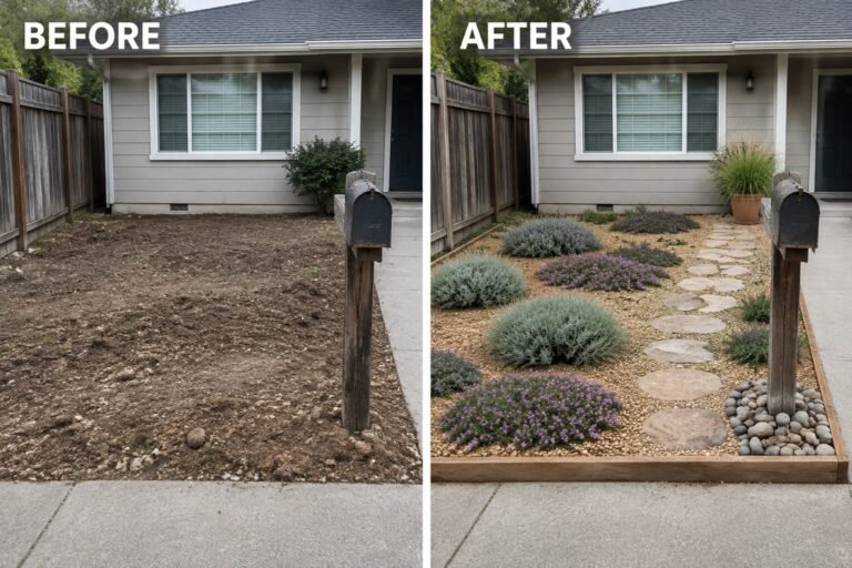 24 Dramatic Dirt Yard Makeover Ideas Using Gravel and Ground Cover Before and after of bare dirt yard transformed into gravel garden with plants and stone path.