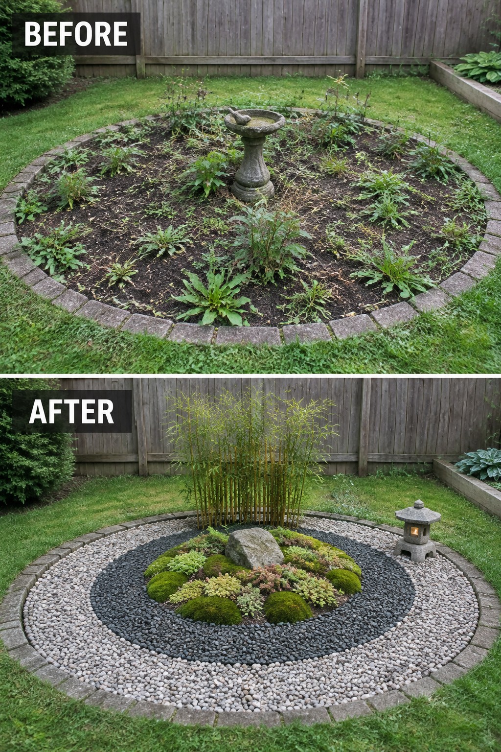Before-and-after circular garden: overgrown weeds with birdbath, then bamboo, moss and lantern.