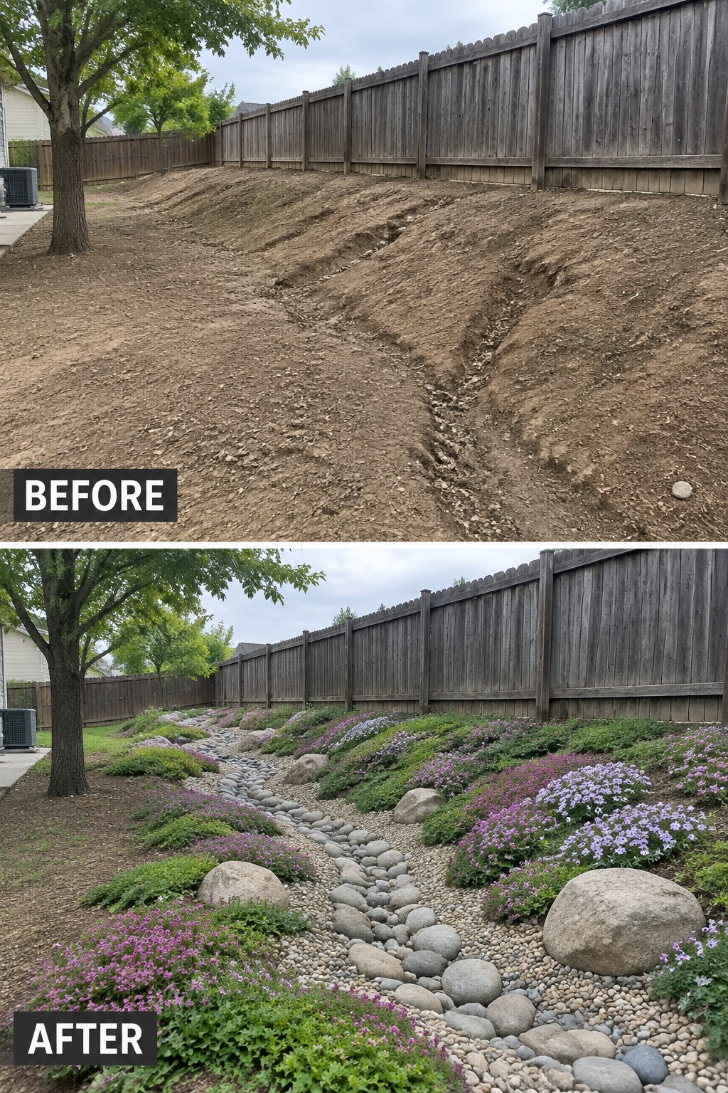 Before and after of bare dirt slope transformed into flowering rock garden along fence.