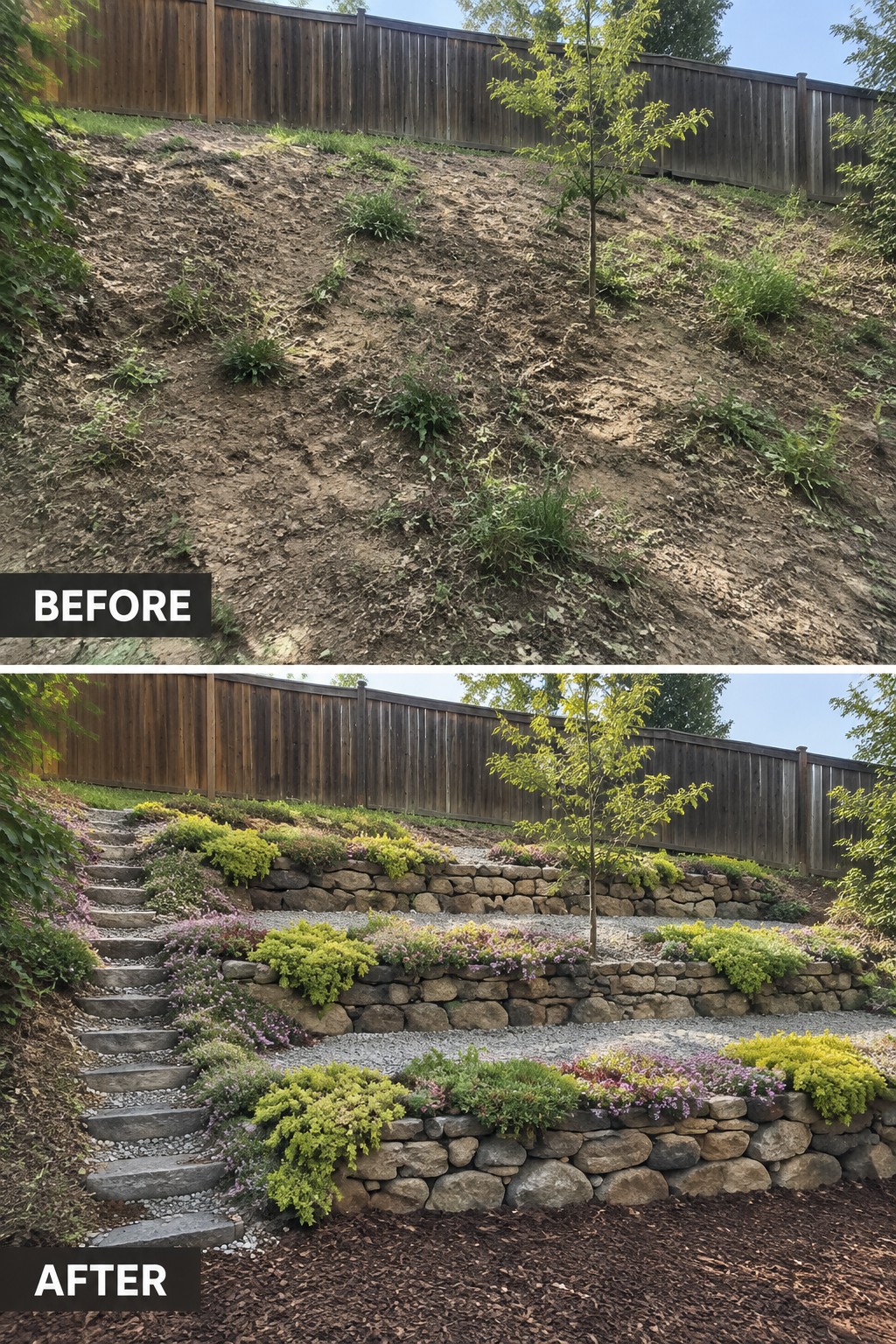 Before bare dirt slope and after terraced stone walls with stairs, plants, and mulch.