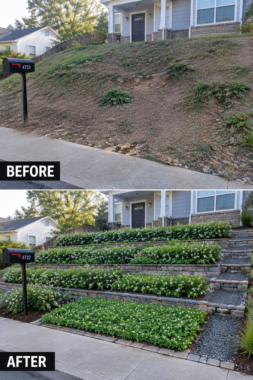 Before and after of bare slope transformed into terraced stone walls with green plants.