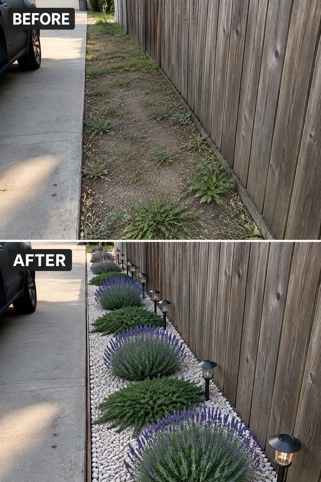 Before-and-after garden strip: weeds replaced by lavender, gravel, and glowing lights